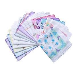 MemoryHanky Womens Girls Cotton Handkerchiefs Assorted with Wavy Edge Floral Hankies 10PCS