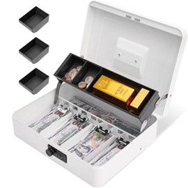 Polspag Cash Box with Combination Lock, Metal Money Box with Cash Tray, Lock Safe Box, 4 Bill/5 Coin Slots, 11.8L x 9.5W x 3.5H Inches, White