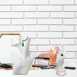 YANGSHINE Set of 2 Pcs Jewelry Mannequin Display Set Head Bust Holder Mannequin Earring Stand Female Mannequin Hand Bracelet Ring Stand for Selling Show Home Decor,White