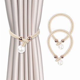 AULEEP Pearl Curtain Tiebacks, Pack of 2 Adjustable Tiebacks for Curtains, Curtain Drawstring Curtain Holder, Curtain Holder for Home, Office, Window Decorative (White)