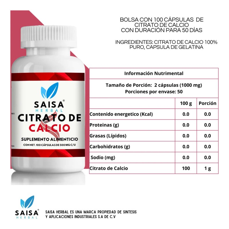 Citrato de Calcio 100 Cps Suplemento Alimenticio Saisa Herbal Huesos