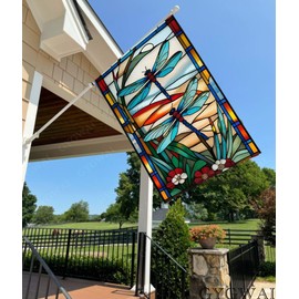 Spring Summer House Flag 28x40 Inch Double Sided, Dragonfly Stained Glass Garden Flag Large Burlap Yard Flags for Outside Outdoor Seasonal Decoration