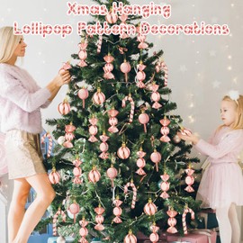Liliful Christmas Candy Ornament Set 30 Pcs Plastic Peppermint Candy Cane Christmas Decorations Christmas Candy Lollipop Ornament Xmas Hanging Lollipop Pattern Decorations with Rope (Rose Gold White)