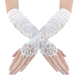 Women's 13.8"/ 21" Long 1920s Flapper Evening Opera Satin Gloves, Formal Bridal Banquet Party Wedding Mittens(Length 15" - White)