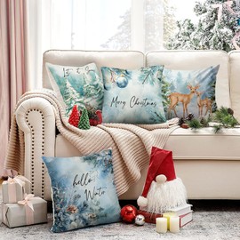 Pack of 4 Christmas Cushion Covers Square, Christmas Cushion Cover Jute, Cushion Cover Christmas Decoration Indoor, Christmas Decoration American Winter Cushion Nostalgia Sofa Bed Car Bedroom (A, 50 x