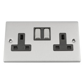 Double Plug Socket 2 Gang - Satin Chrome - Square - Black - Metal Rocker Switch - 13 Amp