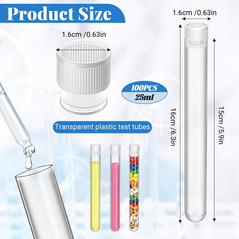 100 Pcs Plastic Test Tubes with Caps, 16x150mm(25ml) Plastic Tube,