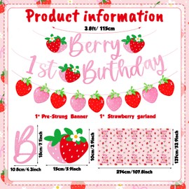 Tegeme Berry First Birthday Decor Strawberry 1st Birthday Decorations for Girls with Berry First Banner Tablecloth Strawberry Garland for Party Supplies