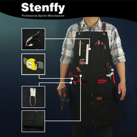 Stenffy Work Apron, Canvas Apron, Adjustable Weight, Tool Aprons with Multiple Pockets, Adjustable Zipper, Metal Ring, Tape Measure Clip, Apron for Men Women, 27In*36In, Black.