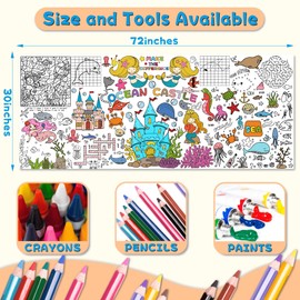 Mermaid Princess Giant Coloring Tablecloth & Poster 30x72 Inch - Kids Party Activity with Ocean Games, Underwater Decorations for Birthday Celebrations, Home School Events and Mermaid-Themed Parties