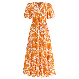 dowerme Womens Summer Dresses 2025 Casual Puff Short Sleeve V Neck Floral Boho Tiered Ruffle Maxi Dress with Pockets(White Orange Yellow,XX-Large)
