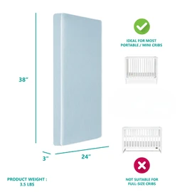 Dream On Me Snuggles Extra Firm Fiber Portable and Mini Crib Mattress in Blue Mist, Greenguard Gold Certified, Soft Breathable Mesh Cover, Lightweight Baby Mattresses for Cribs