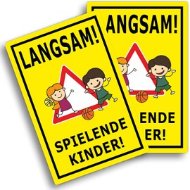 Pack of 2 - Achtung Kinder Sign (20 x 30 cm Plastic) - Warning Sign Playing Children - Caution Here Play Children - Please Slow Drive - BerpaHome