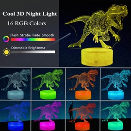 POSSHE Dinosaur Night Light for Kids, 3D Illusion Lamp with Remote Control, 16 Colors Changing, RGB Flashing Mode and Dimmable, Gifts for Boys Christmas Decor
