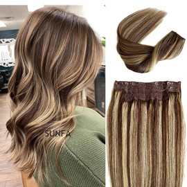 SUNFA Ombre Wire Hair Human Hair Extensions, Fish Line Wire Hair Extensions, Ombre Chocolate Brown to Bleach Blonde Highlighted18inch 80g Straight Hairpiece Flip in Hair Extensions Clip in Extensions with Invisible Fish Line Hair Extensions
