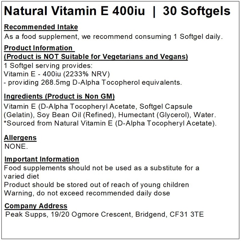 Natural Vitamin E 400iu - Antioxidants - Non-GM (30 Softgels)