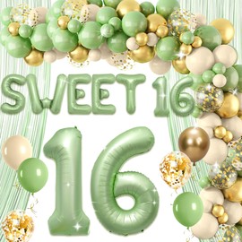 Sage Green Sweet 16 Birthday Decoration 16th Birthday Decorations Green Balloons Sweet 16 Birthday Banner Number 16 Balloons