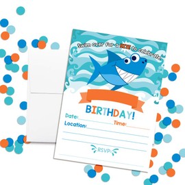 Smiling Shark Bite Birthday Party Invitations, 20 5"x7" Fill In Cards with Twenty White Envelopes by AmandaCreation
