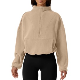 QINSEN Fleece Sweatshirt for Women Half Zip kangaroo Pocket Loose Pullover Tops with Drawsting Moonlight M
