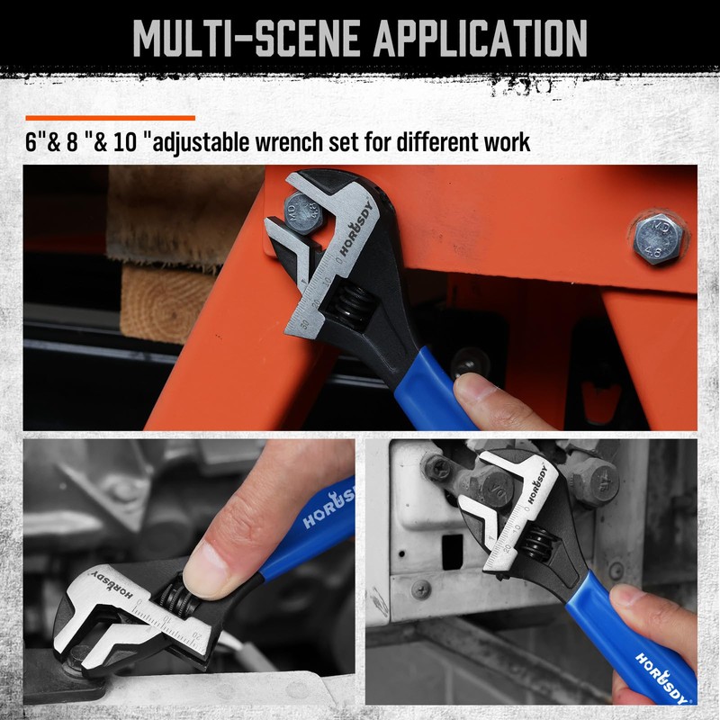 HORUSDY 3-Piece Adjustable Wrench Set (6/8/10 in), Wide Jaw Black