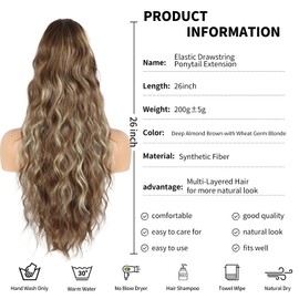 Hair Extensions for Women,26 inch Highlight Hair Extensions Ponytail, Ponytail Extension for Black Women, Long Drawstring Ponytail Extension, Soft Synthetic Pony Tails Hair Extensions (Deep Almond Brown with Wheat Germ Blonde)
