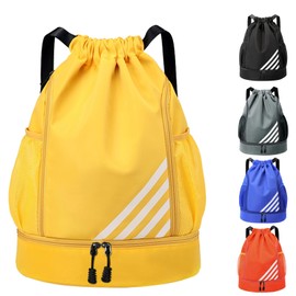 Tokeya Gym Bag Drawstring Men Women Sports Bag Waterproof Backpack with Shoe Compartment Football Bag for Travel Swimming Fitness Basketball, yellow, Rucksack