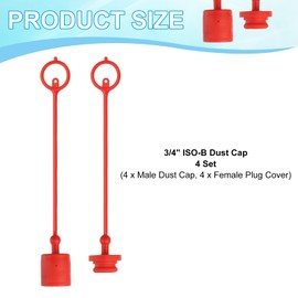 PATIKIL 3/4" ISO-B Hydraulic Coupler Male Dust Cap and Female Plug Cover, Set of 4 Rubber Quick Disconnects Port Plug Cover Fittings Red Cap with Retention Ring