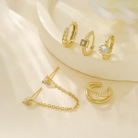 FDEETY Earrings for Women, 5 Pieces, 18 K Brass, Green Cubic Zirconia, Flowers, Tassels Set, Ideal for Weddings, Parties and Special Occasions Women, Brass, Brass.