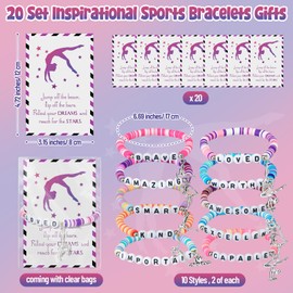 Zeyune 20 Set Gymnastics Bracelets Gymnastics Team Gifts Bulk for Women Stackable Clay Bead Adjustable Bracelets Inspirational Sports Cards for Team Players Sports Party Favors Bulk