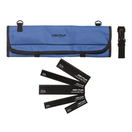 Ergo Chef 8 Pocket Roll Bag for Chef Knives, 1 Large Mesh Pocket for Kitchen Utensils (Blue) with 5pc (Black) Knife Edge Guards & Shoulder Strap