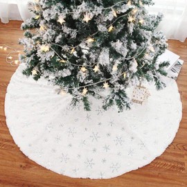 BAKAJI Christmas Tree Rug Diameter 78 cm Soft Plush White Snow Effect with Snowflake Decoration Christmas Decoration (Silver)