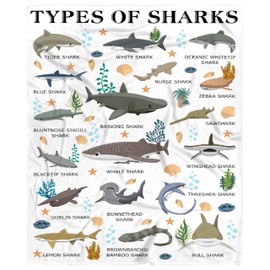 Types of Sharks Blanket Gifts for Women Teens Men Adult Shark Lovers - Shark Print Plush Cozy Warm Fuzzy Throw Flannel Comforter Sheet Decor for Birthday Home School Car Bed Couch Sofa - 50" X 60"