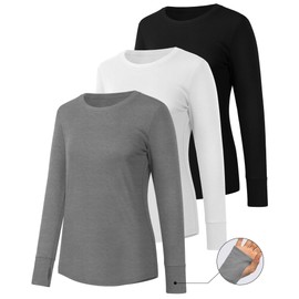 Huukeay 3 Pack Women's Long Sleeve Cotton Shirts, Casual Crew Neck Tunic Tops Fall Loose Y2k Trendy Outfits with Thumb Holes(Black, Grey, White,L)