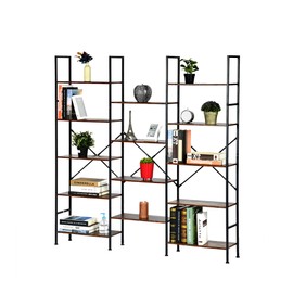 Homy Casa Triple Wide 5-Tier Industrial Bookshelf with Metal Frame, 14 Open Display Shelves, Large Etagere Bookcase for Living Room, Bedroom, or Home Office, Vintage Brown