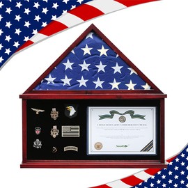 Flag Display Case Large Military Shadow Box Fits a Folded 5'x9.5' Veterans Burial Memorial Funeral Flag with Certificate Document Holder Frame and Felt Lining for Badges and Medals, Mahogany Finish