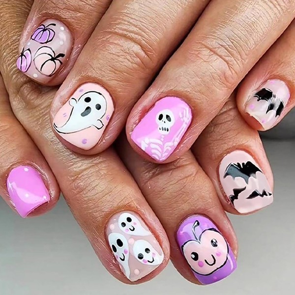 Halloween Press on Nails Short Square Fake Nails Pink RIICFDD
