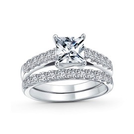 Brilliant Cubic Zirconia Square Princess Cut Solitaire Cathedral Setting Thin Eternity Pave Band AAA CZ Anniversary Engagement Wedding Ring Set .925 Sterling Silver