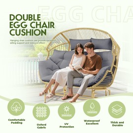 DANGHOOGY Outdoor Double Egg Chair Cushions, Waterproof Wicker Egg Chair Replacement Cushion, Thickened Hanging Chair Cushion, 65x47x7 Inches (Grey)