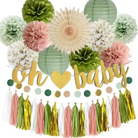 Sage Green and Dusty Pink Baby Shower Decorations Olive Sage Green Dusty Rose Paper Pom Poms Paper Fans Paper Tassels Garland Oh Baby Banner for Baby Girls Baby Shower Gender Neutral Party Decor
