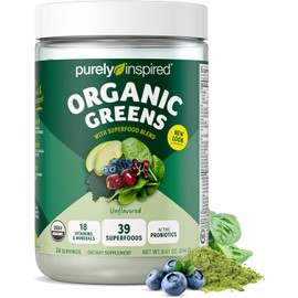 Purely Inspired Organic Green Powder Smoothie Mix, Unflavored (24 Servings) - Probiotics for Digestive Health with Spirulina & Chlorella for Gut Health - Vegan & Gluten-Free
