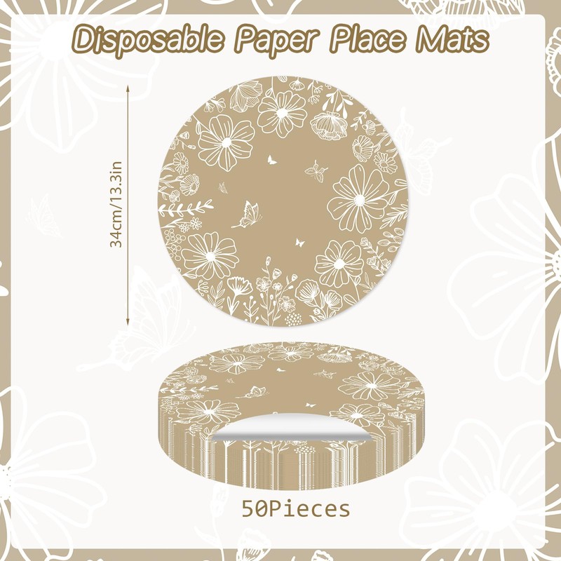 Paper Placemats Disposable 50 Pack Beige Bloom Flowers Place Mats