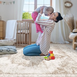 Area Rug 4x6 Vintage Rug: Washable Indoor Medallion Rug Low Pile Distressed Floor Carpet Retro Accent Rug for Living Room Bedroom Kitchen Dining Table Home Office(Beige, 4'x6')