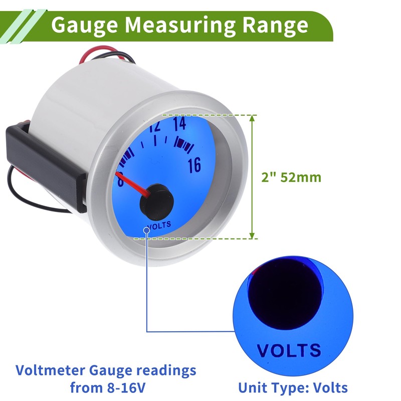 VekAuto 2" 52mm DC 12V Voltage Gauge Blue Light Analog