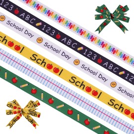 6 Rolls Back to School Ribbon Set, School Ribbon 3/8" Themed Grosgrain Pencil Apple ABC Black Green Yellow 5 Yardsfor Teacher Kindergarten Crafts Gifts Wrapping Sewing DIY Decoration Supplies
