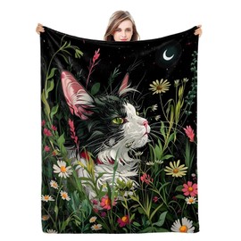 Naniopick Black Cat Throw Blanket 350GSM Floral Flannel Blanket for Kids Baby Girls Boys Moon Blanket Gift Cat Print Blanket Fluffy Blanket for Bedroom Birthday Christmas Easter, 50"x60"