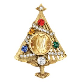 Brooch Irish Half Penny Coin Jewelry- Christmas Tree Pin- Goldtone Bezel-Minted in Ireland Featuring Harp Side