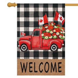 Louise Maelys Patriotic Spring Garden Flag 28x40 Double Sided Vertical, Burlap Small Red Truck Floral Farmhouse Yard House Outside Outdoor House Canadian Flag Day Decoration (ONLY FLAG)