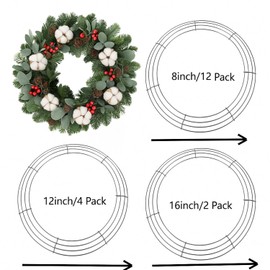 Kritkin 12 Pack Christmas Wire Wreath Frames Round Metal Wreath Form Green Wreath Rings with 22 Gauge Paddle Wire and Wire Pliers for Crafts Christmas New Year Valentines Home Decor, 8, 12, 16 Inch