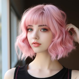 Leuik Bob Wig for Women|Synthetic Bob Wig With Bangs for Daily Use|Short Wig Curly Wig for Women (Pink)