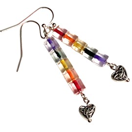 Pride Earrings, Rainbow Glass Beads with Celtic Knot Design Heart Shape Metal Bead